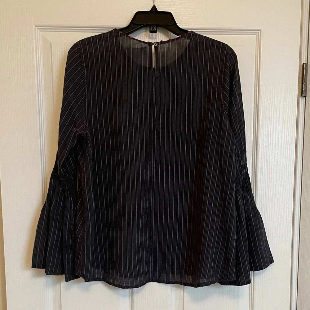 VELVET BY GRAHAM & SPENCER Navy and Red Striped Blouse with Bell Sleeves